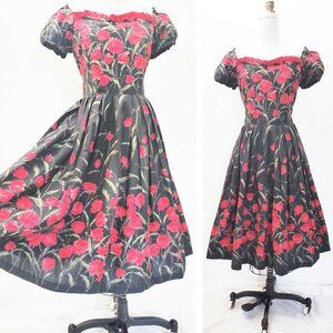 Vintage 1950s Womens Fit & Flare Red FLoral Black Cotton Pinup Party Dress